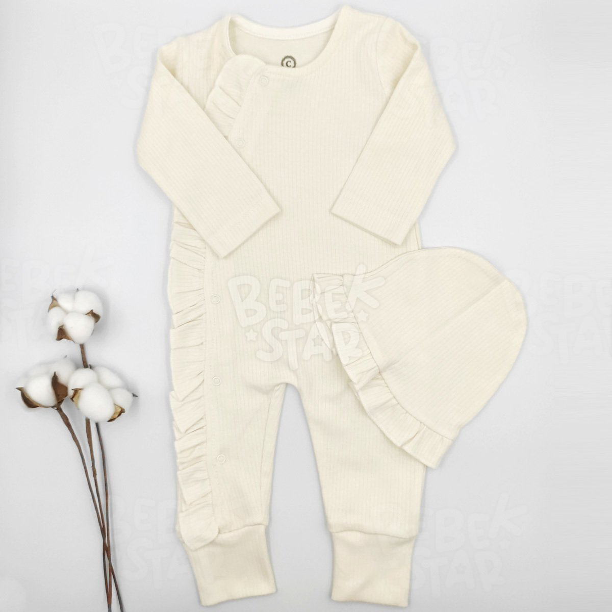 Fitilli Frfrl apkal Ekru Kz Bebek Tulumu %100 Cotton