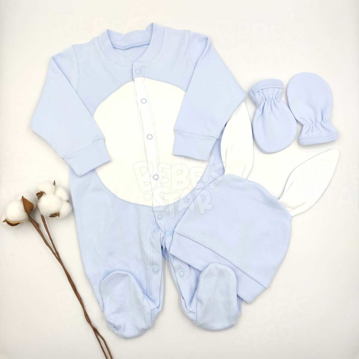 Tavan Model apkal Eldivenli Patikli Ponponlu Mavi Bebek Tulumu %100 Cotton