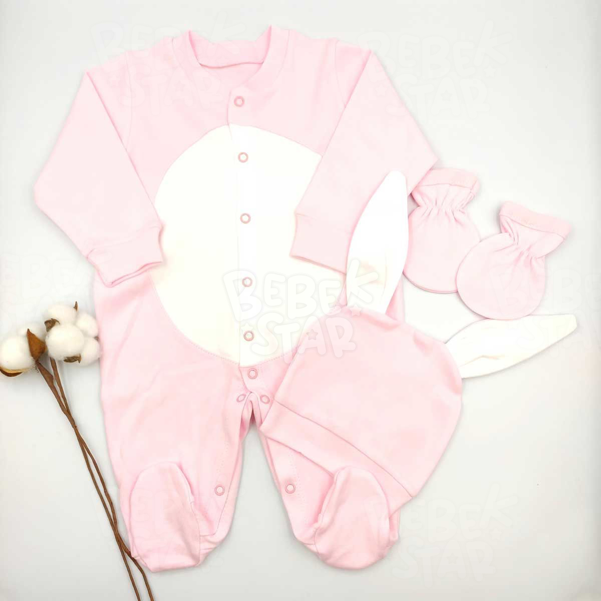 Tavan Model apkal Eldivenli Patikli Ponponlu Pembe Tulum %100 Cotton