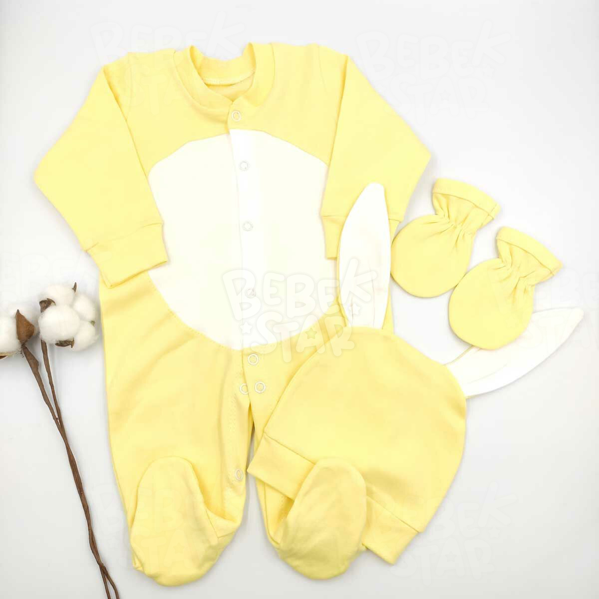 Tavan Model apkal Eldivenli Patikli Ponponlu Sar Bebek Tulumu %100 Cotton