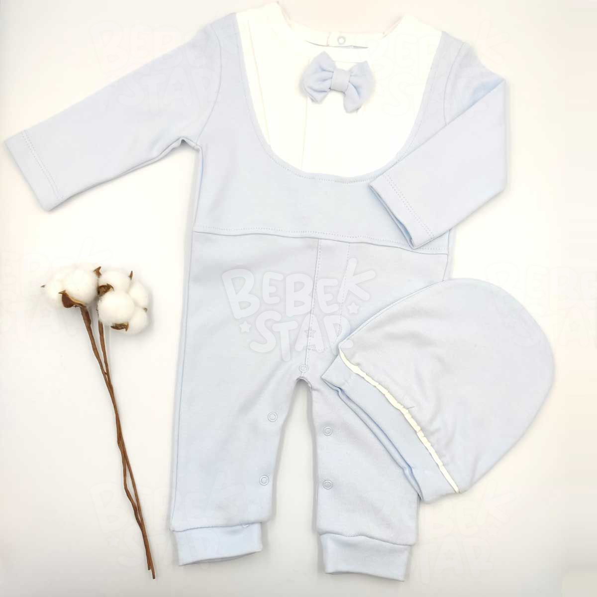 apkal Papyonlu Ak Mavi Uzun Kollu Erkek Bebek Tulumu %100 Cotton