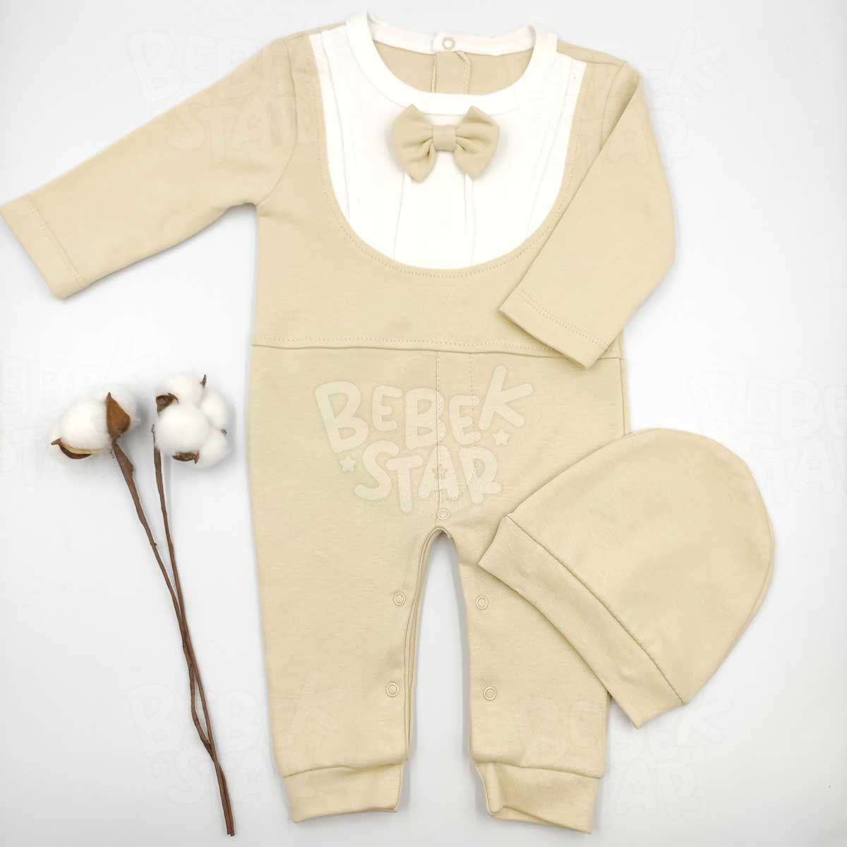 apkal Papyonlu Vizon (Bej) Uzun Kollu Bebek Tulumu %100 Cotton