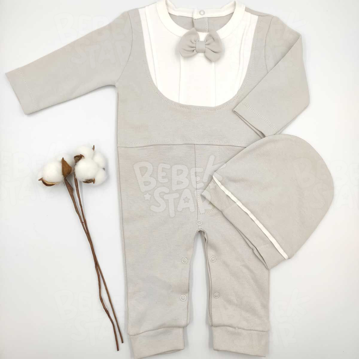 apkal Papyonlu Ak Gri (Ta Rengi) Uzun Kollu Erkek Bebek Tulumu %100 Cotton