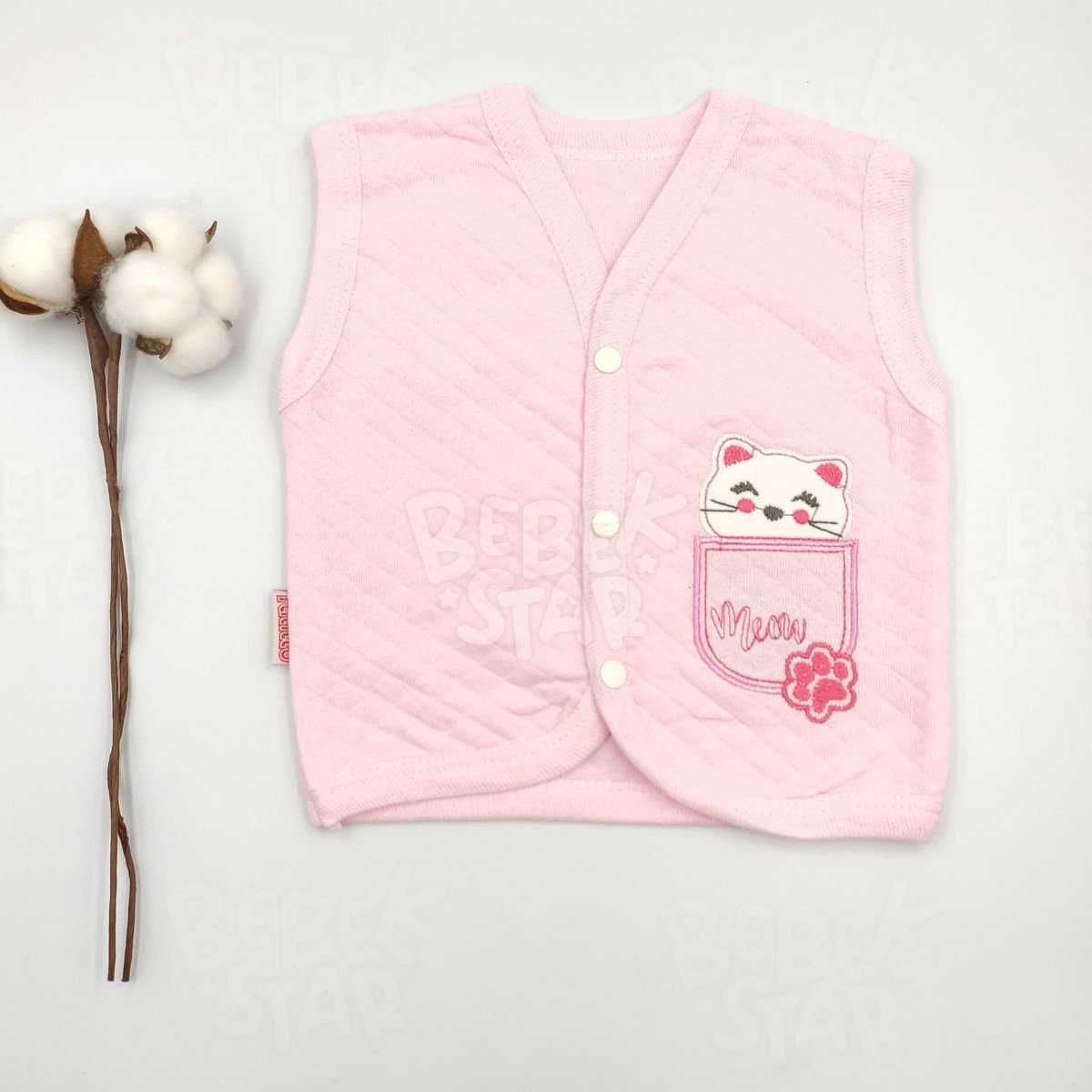Kapitone Bebek Yelek Kedi Desenli Pembe
