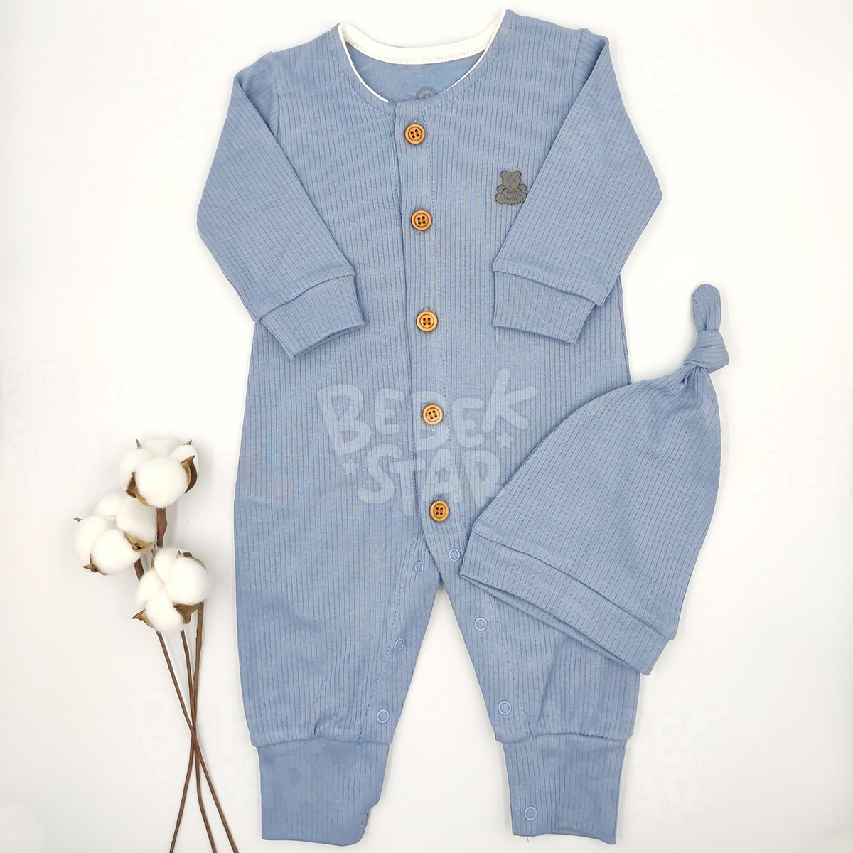 Fitilli apkal ndigo Mavi Erkek Bebek Tulumu %100 Cotton