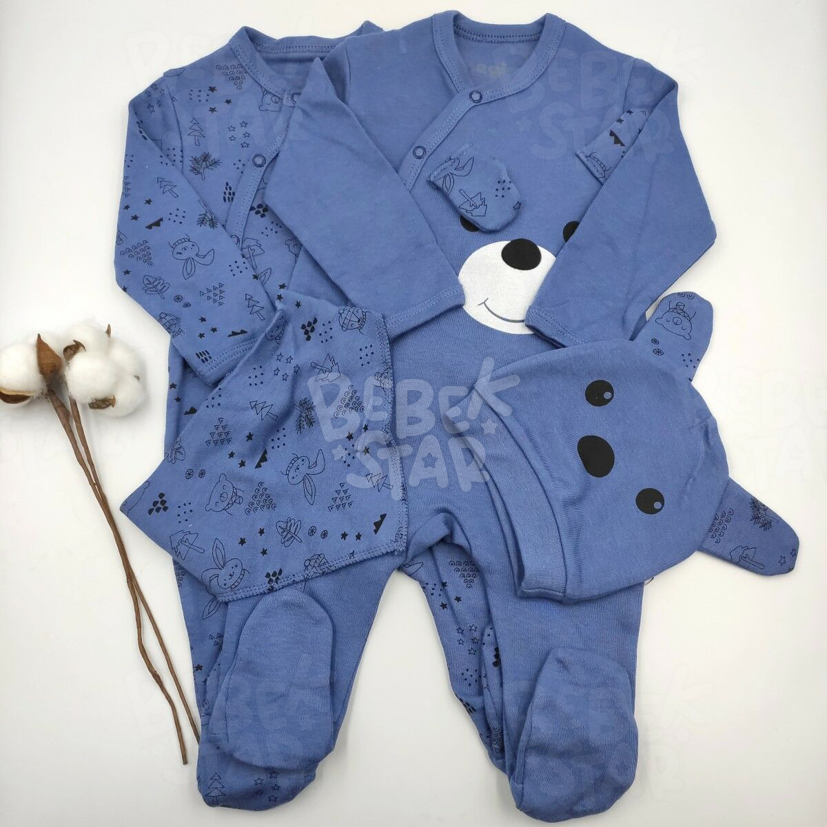 apkal Bandanal Patikli ndigo Mavi Ayckl 2`li Erkek Bebek Tulum % 100 Cotton