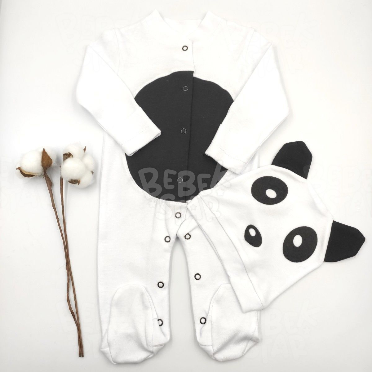 Patikli Eldivenli apkal Ponponlu Ayckl Beyaz Bebek Tulumu %100 Cotton
