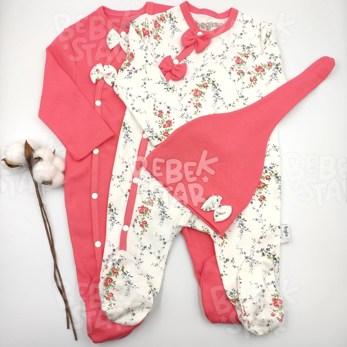 apkal Patikli iek Desenli Krem ve Nar iei kili Kz Bebek Tulumu %100 Cotton