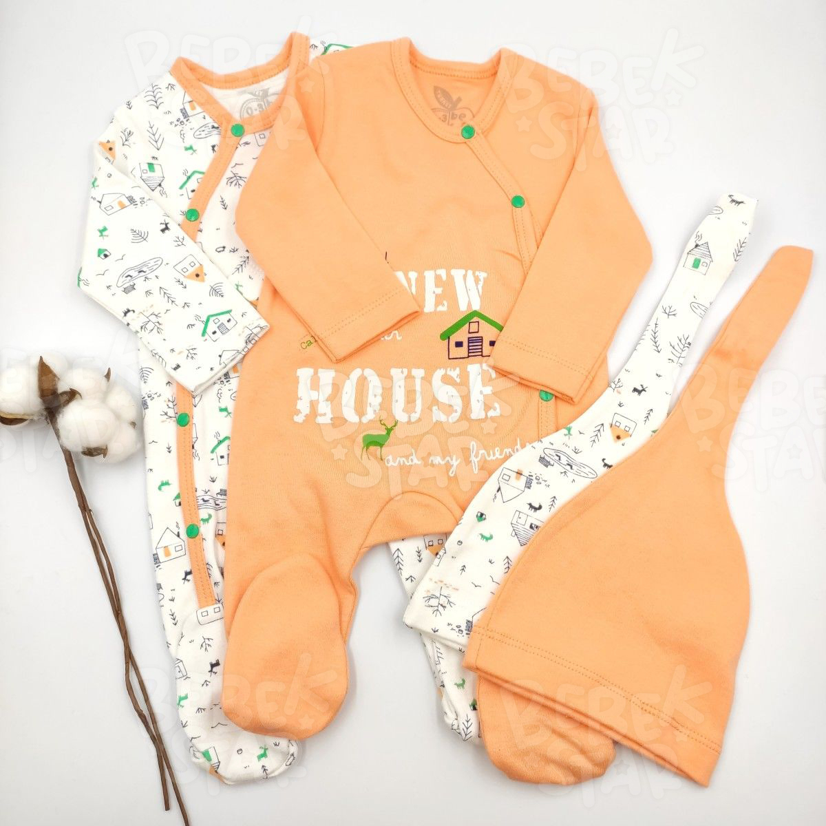 apkal Patikli Krem ve Turuncu kili Kz Bebek Tulumu %100 Cotton