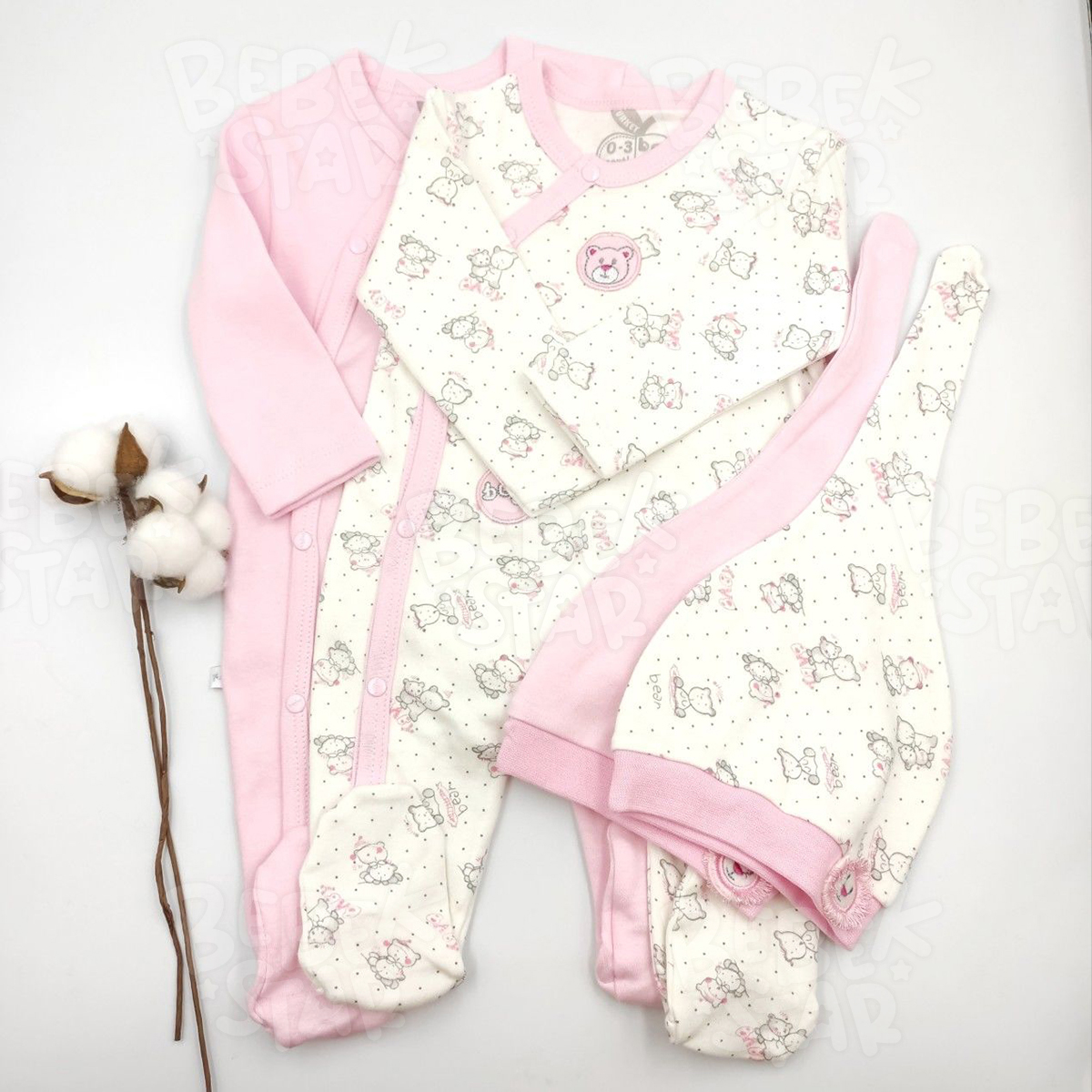 apkal Patikli Ayck Desenli Pembe ve Krem kili Kz Bebek Tulumu %100 Cotton