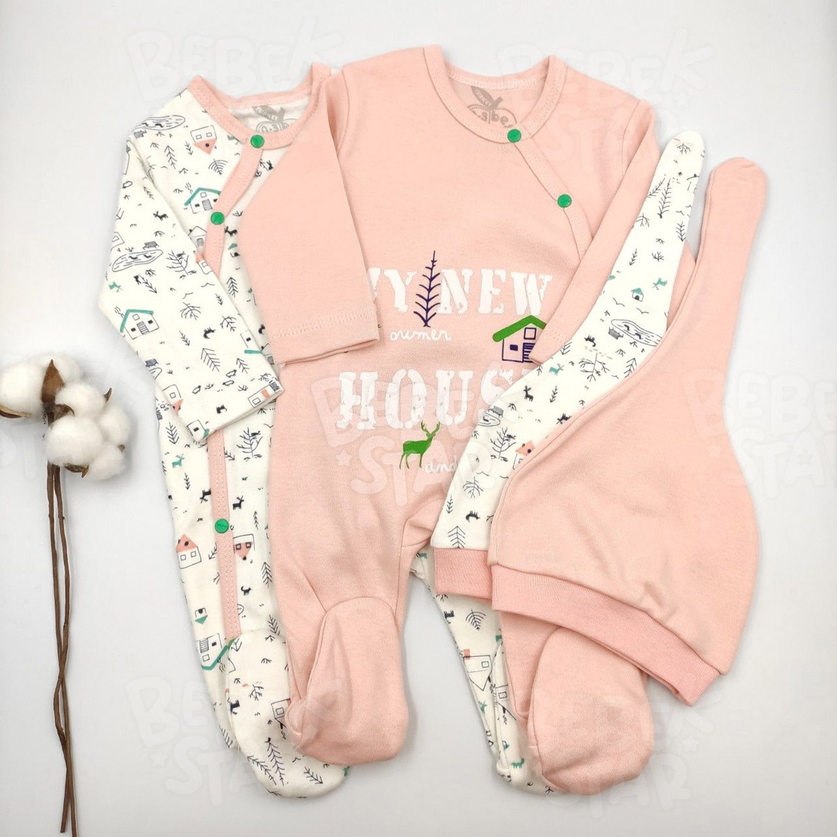 apkal Patikli Krem ve Somon kili Kz Bebek Tulumu %100 Cotton