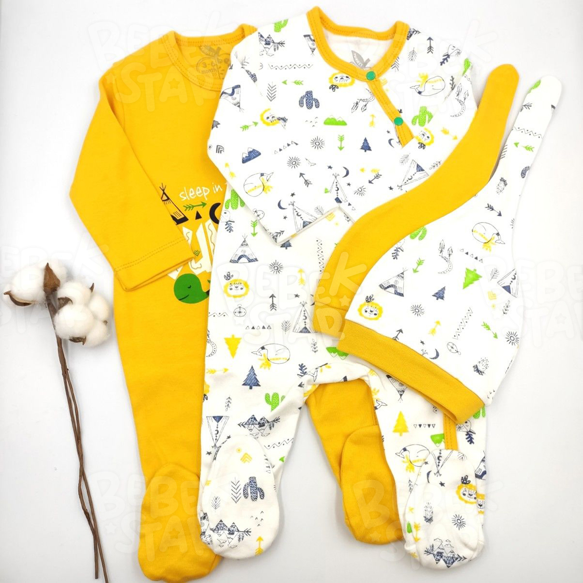 apkal Patikli Krem ve Hardal kili Kz Bebek Tulumu %100 Cotton