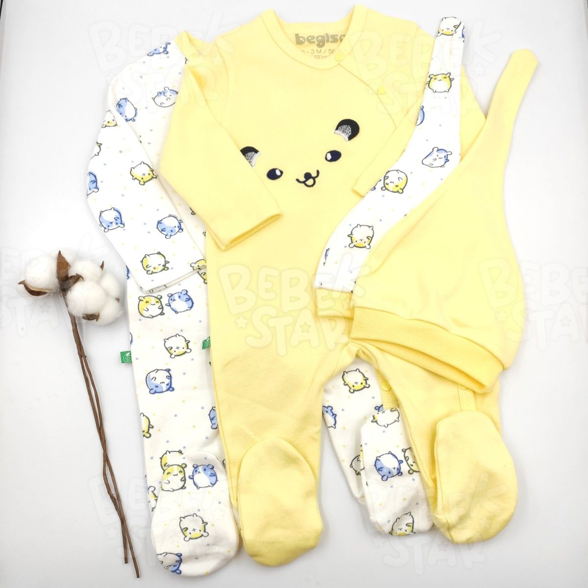 apkal Patikli Ayck Desenli Sar ve Krem kili Bebek Tulumu %100 Cotton