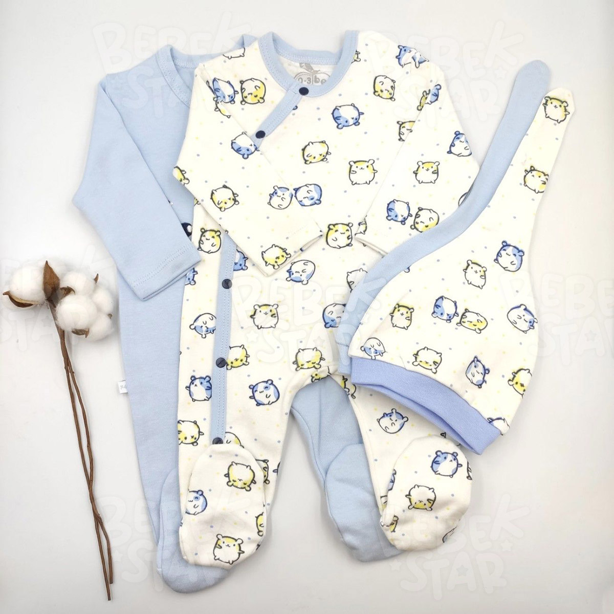 apkal Patikli Ayck Desenli Krem ve Mavi kili Erkek Bebek Tulumu %100 Cotton