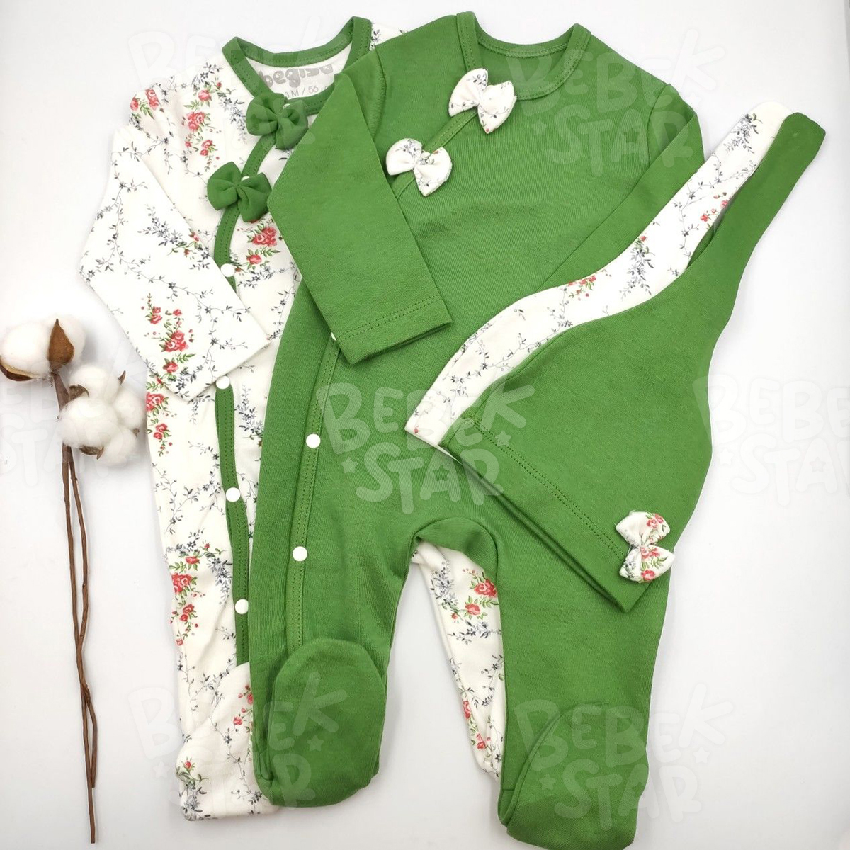 apkal Patikli iek Desenli Krem ve Yeil kili Kz Bebek Tulumu %100 Cotton