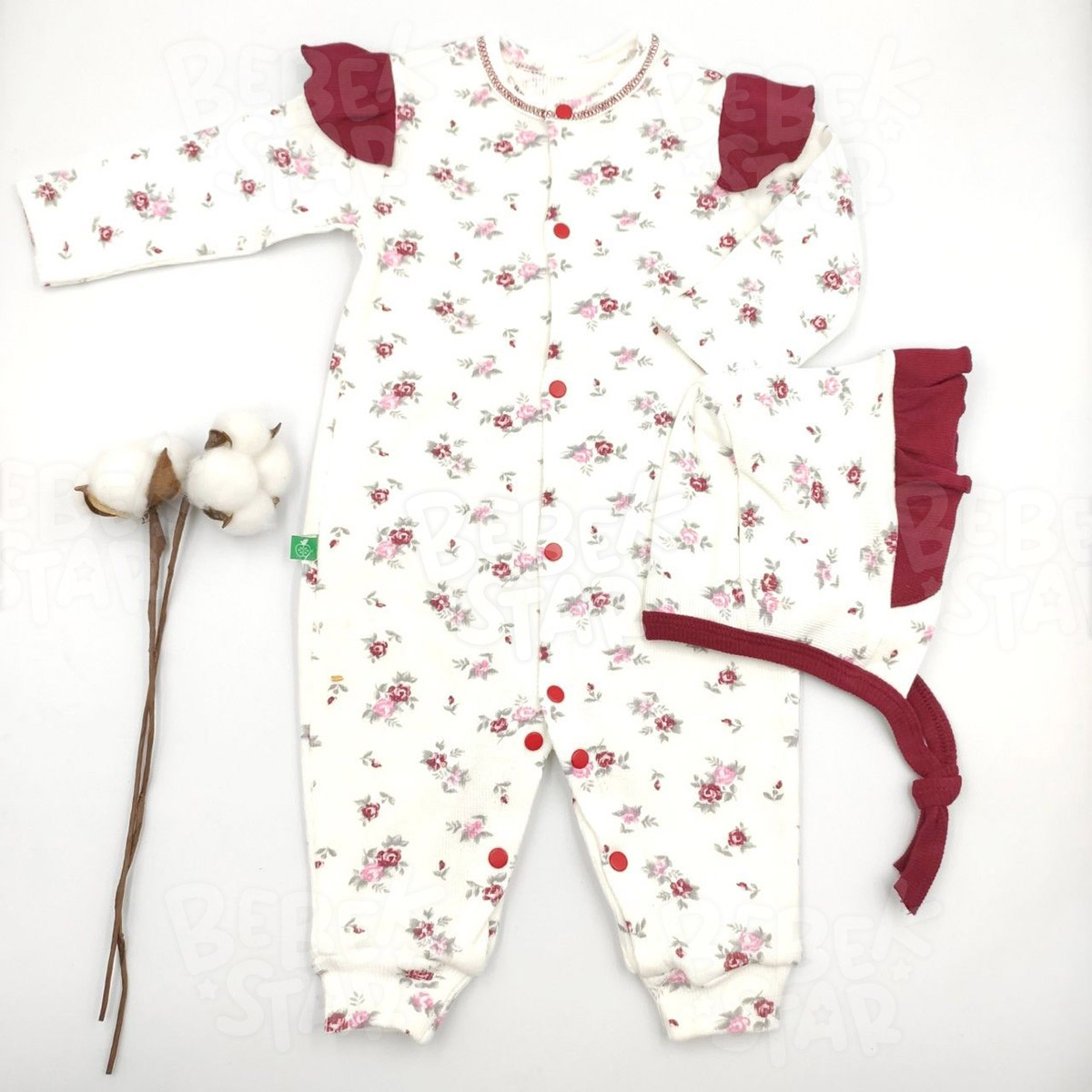 Organik Kakorse apkal iekli Bordo Kz Bebek Tulumu %100 Cotton