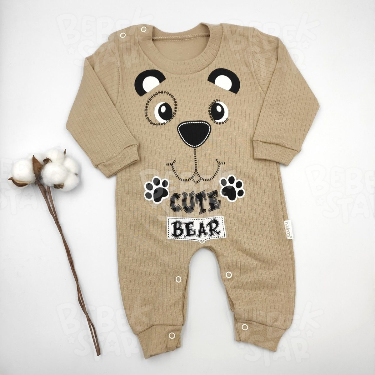 Bebekstar Ay Baskl Kahverengi %100 Cotton Bebek Tulumu