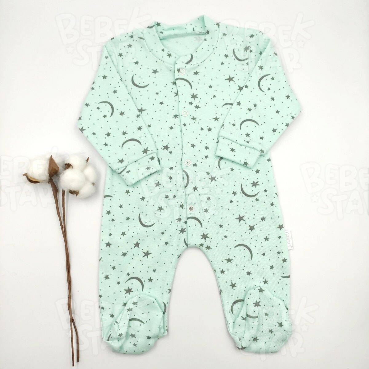 Patikli Ay Yldzl Desenli Su Yeili Kz Bebek Tulumu %100 Cotton
