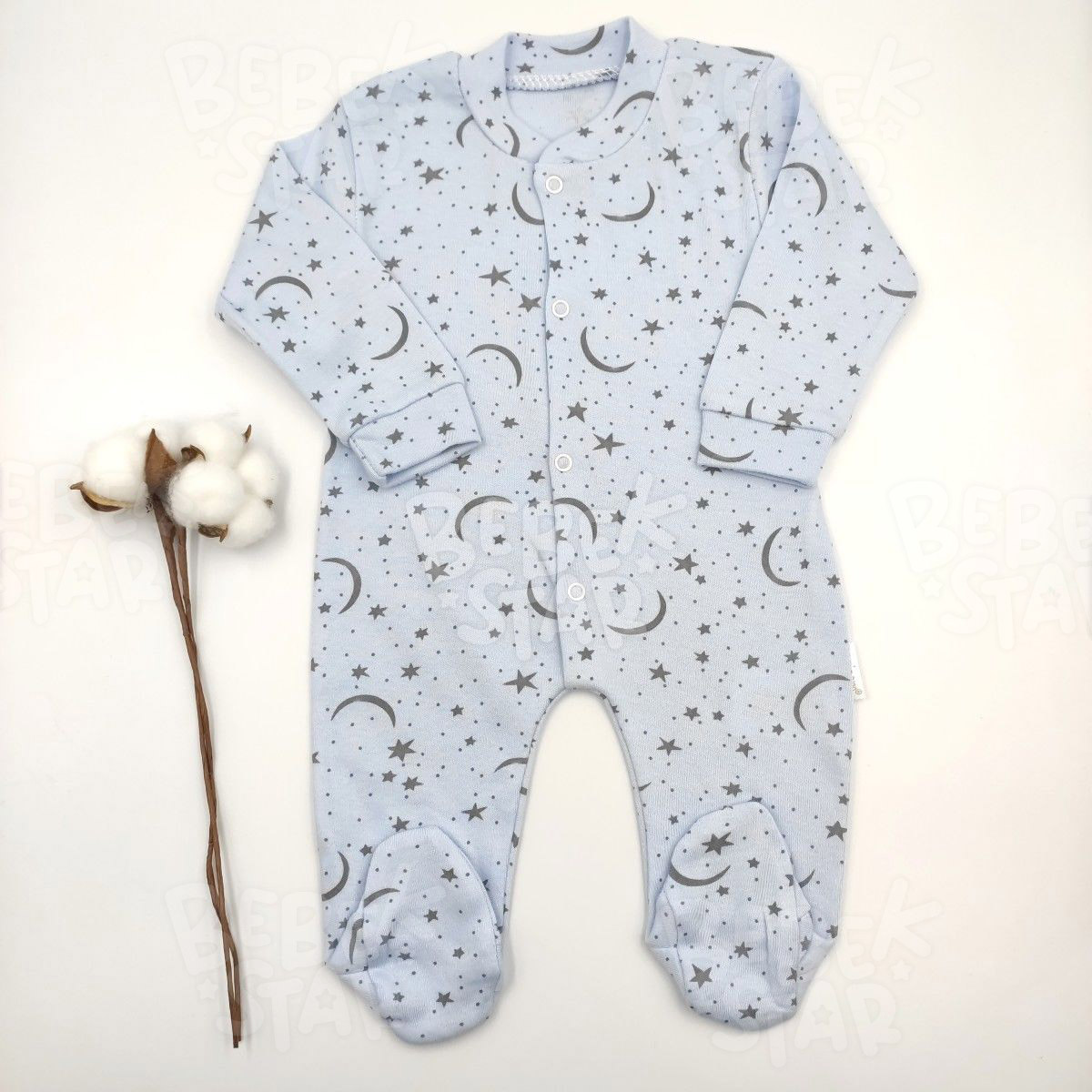 Patikli Ay Yldzl Desenli Mavi Erkek Bebek Tulumu %100 Cotton