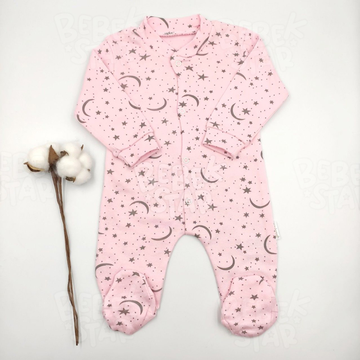 Patikli Ay Yldzl Desenli Pembe Kz Bebek Tulumu %100 Cotton
