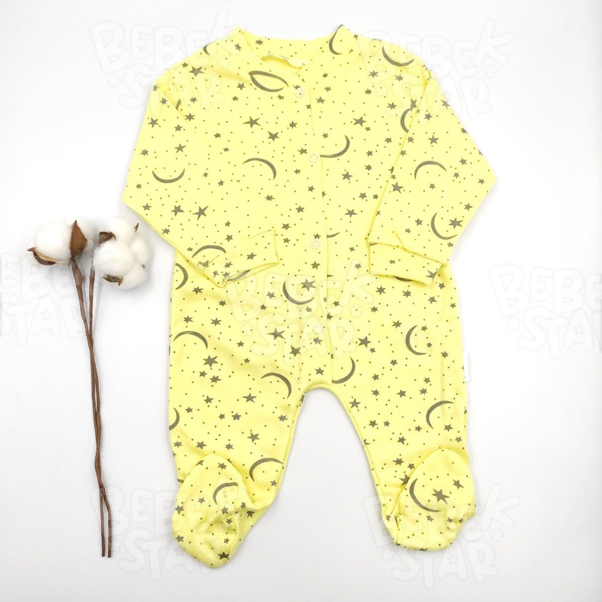 Patikli Ay Yldzl Desenli Sar Kz Bebek Tulumu %100 Cotton