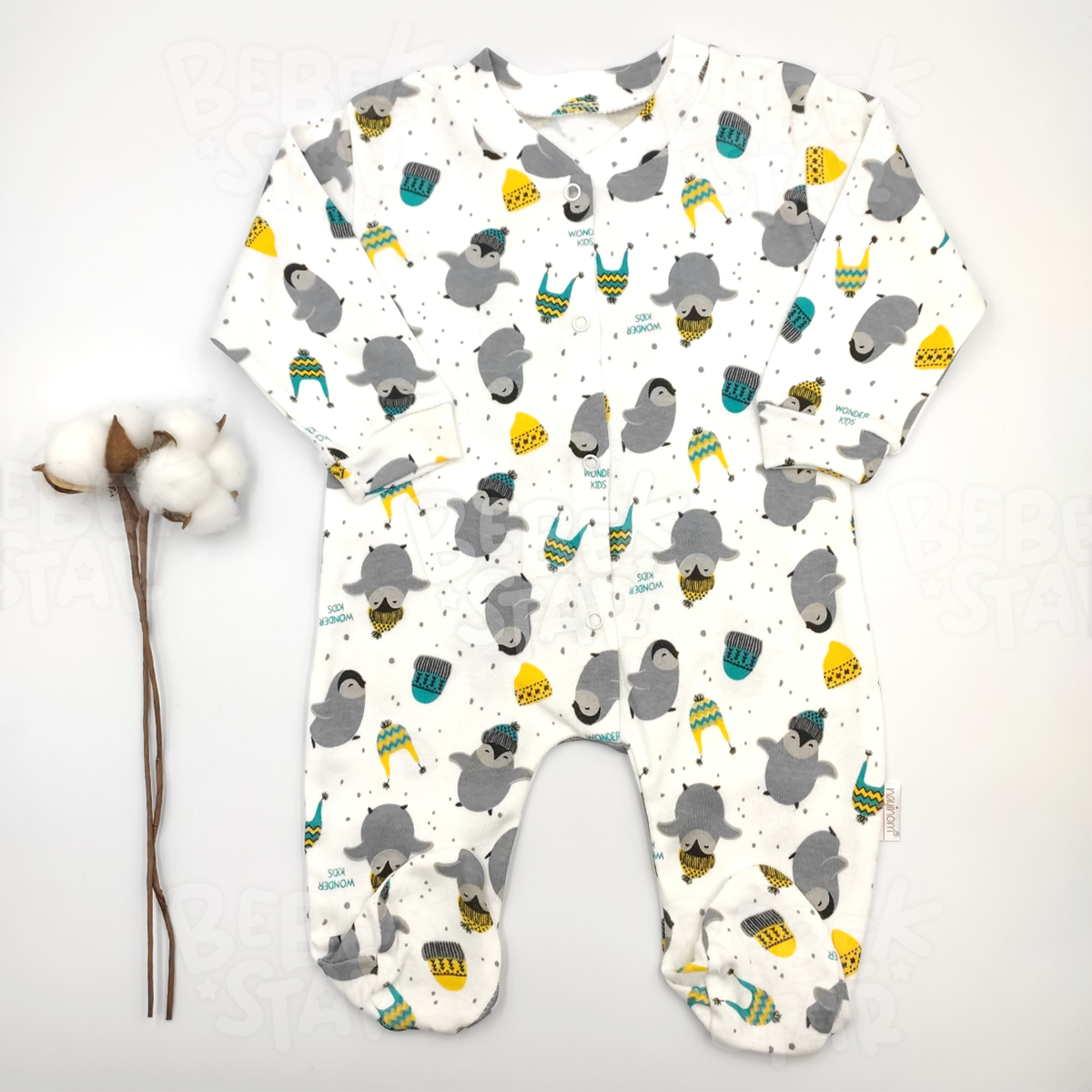 Penguen Desenli Krem %100 Cotton Bebek Tulumu