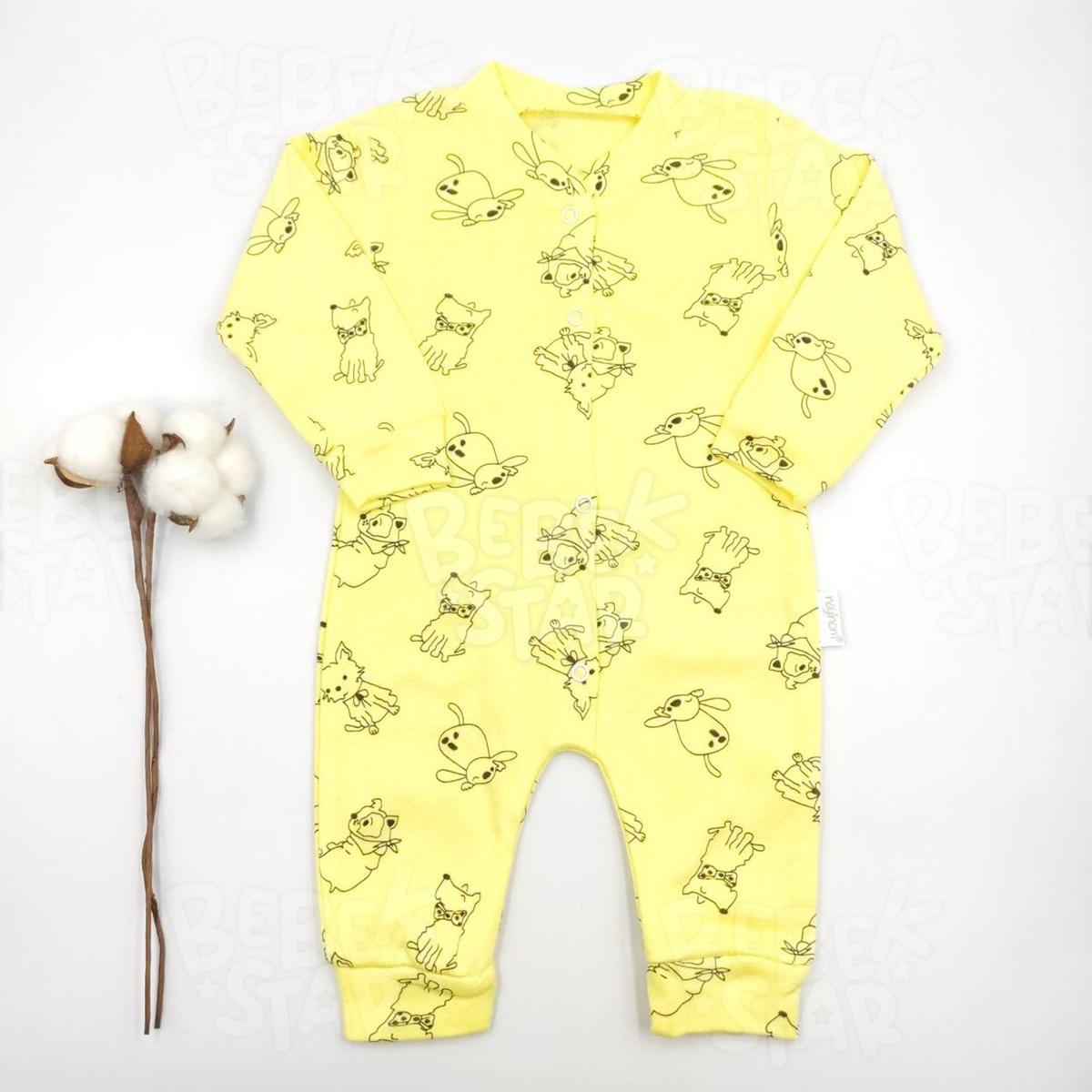 Kedi ve Kpek Desenli Sar %100 Cotton Bebek Tulumu
