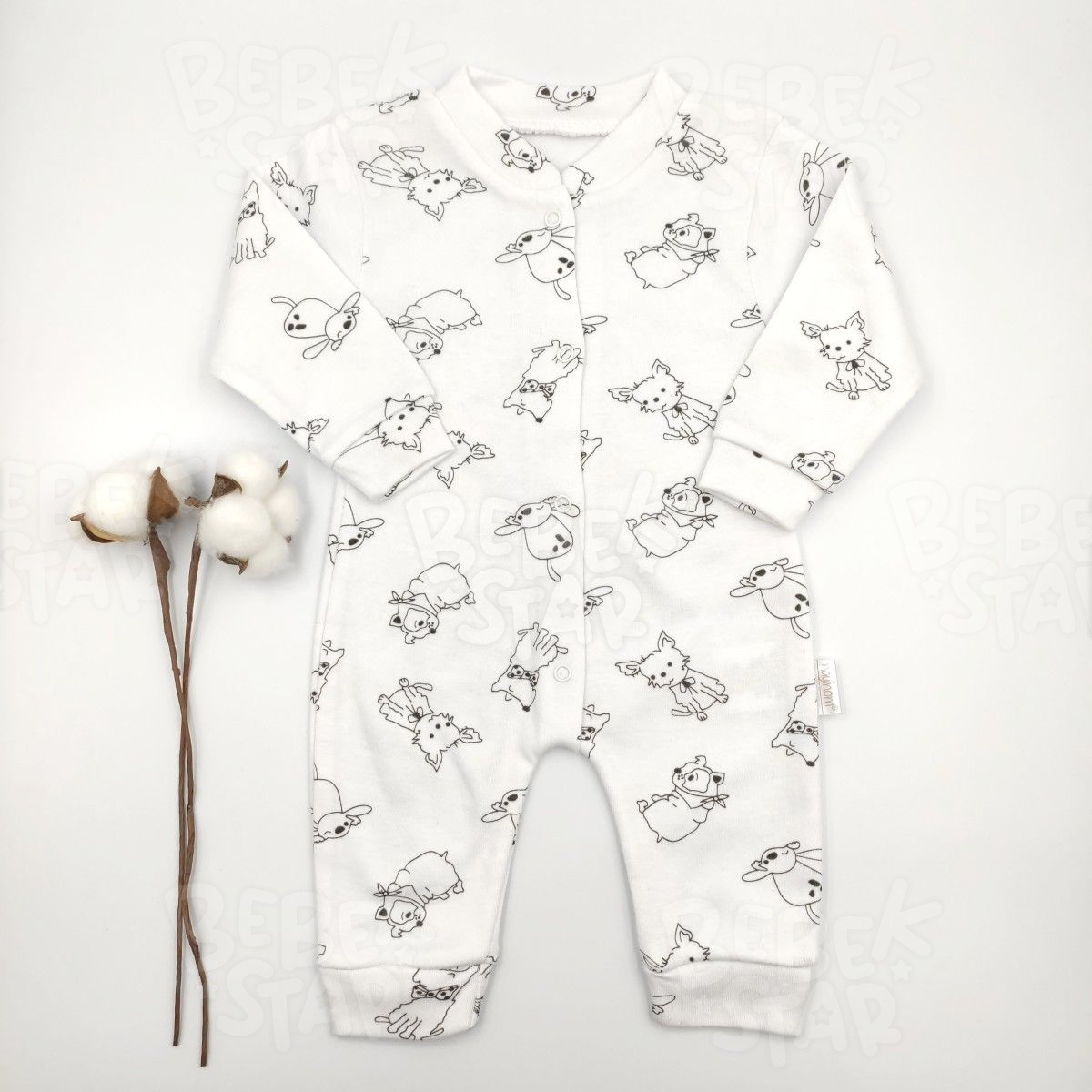 Kedi ve Kpek Desenli Beyaz %100 Cotton Bebek Tulumu