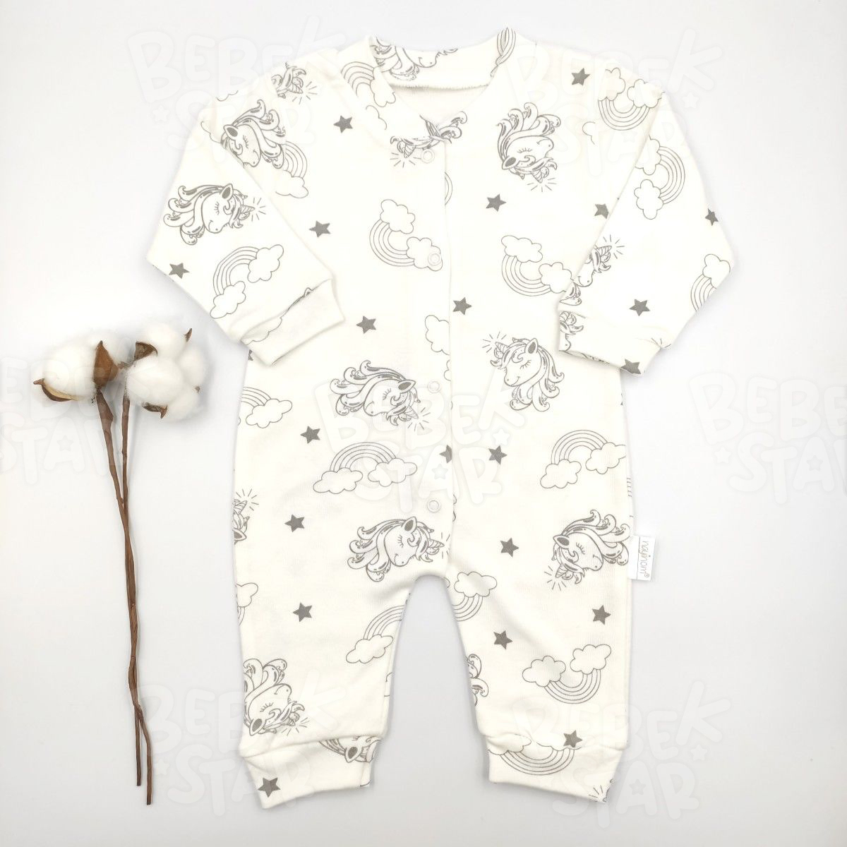 Unicorn Desenli Krem Bebek Tulumu %100 Cotton