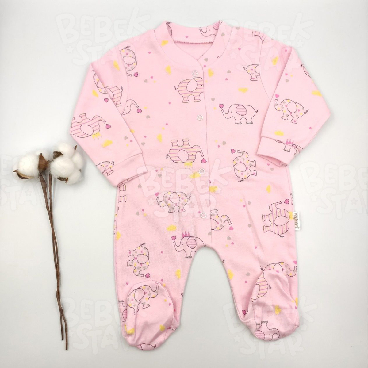 Fil Desenli Patikli Pembe Bebek Tulumu %100 Cotton