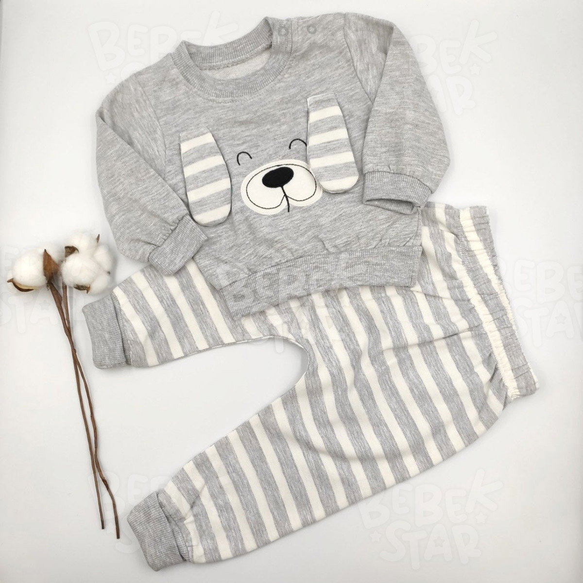 Kulak Detayl izgili Gri Renk Erkek Bebek Takm %100 Cotton