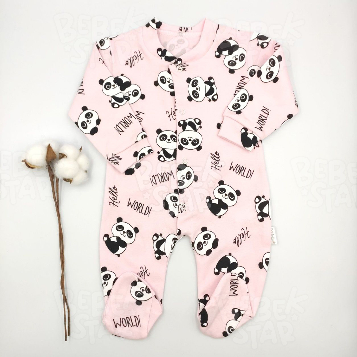 Panda Desenli Patikli Pembe Bebek Tulumu %100 Cotton