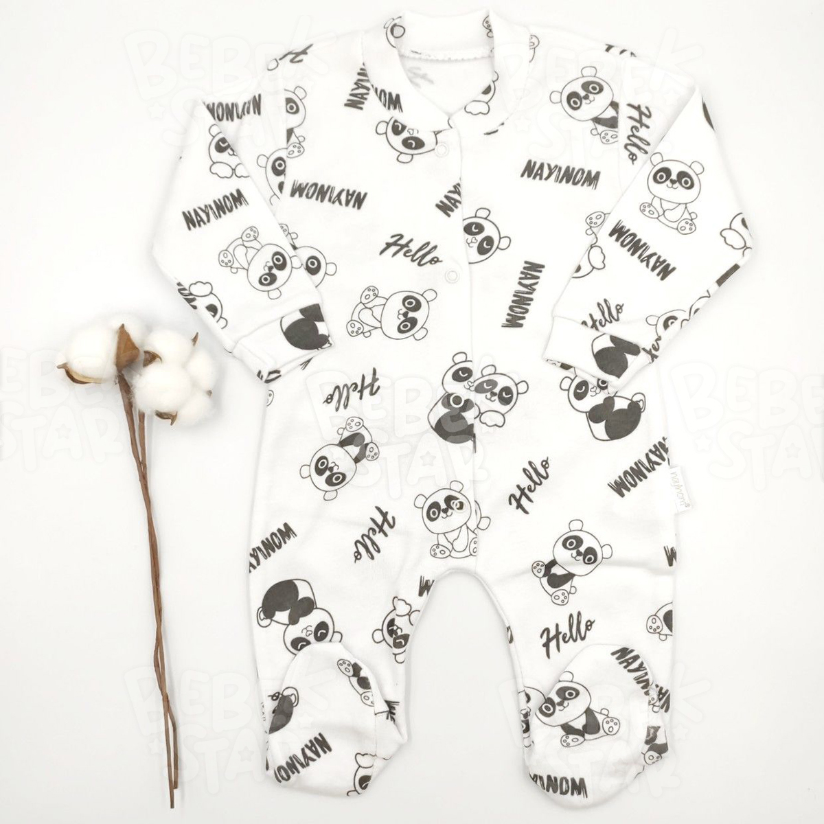 Panda Desenli Patikli Beyaz Bebek Tulumu %100 Cotton