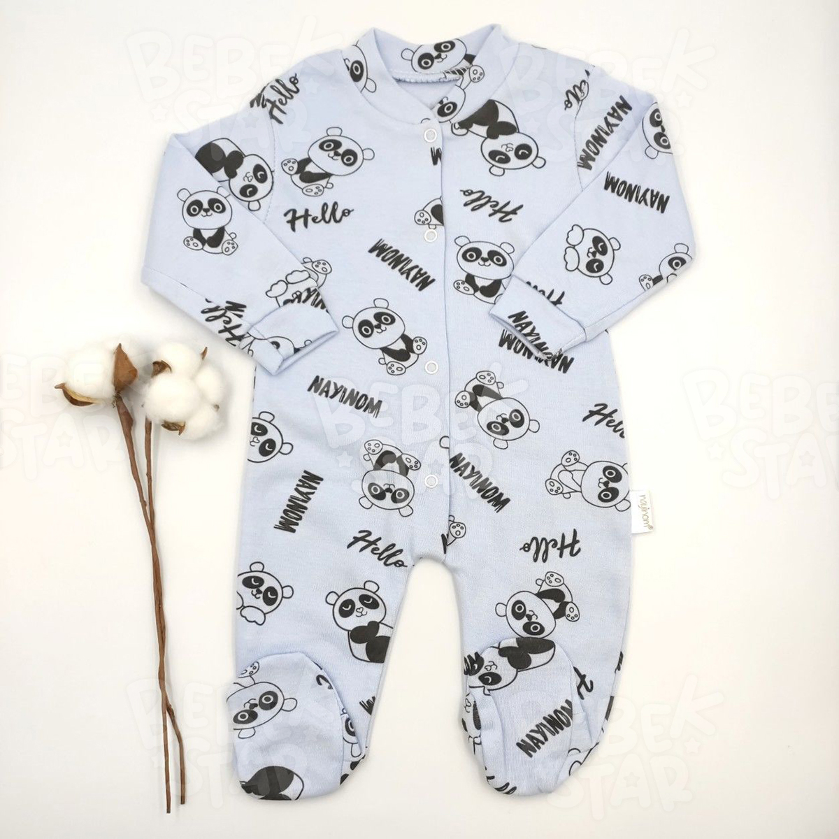 Panda Desenli Patikli Ak Mavi Bebek Tulumu %100 Cotton