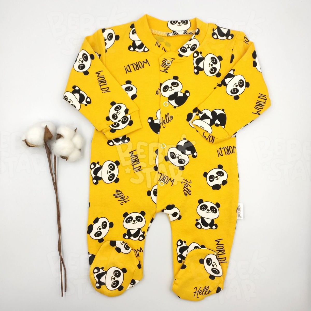 Panda Desenli Patikli Hardal Bebek Tulumu %100 Cotton