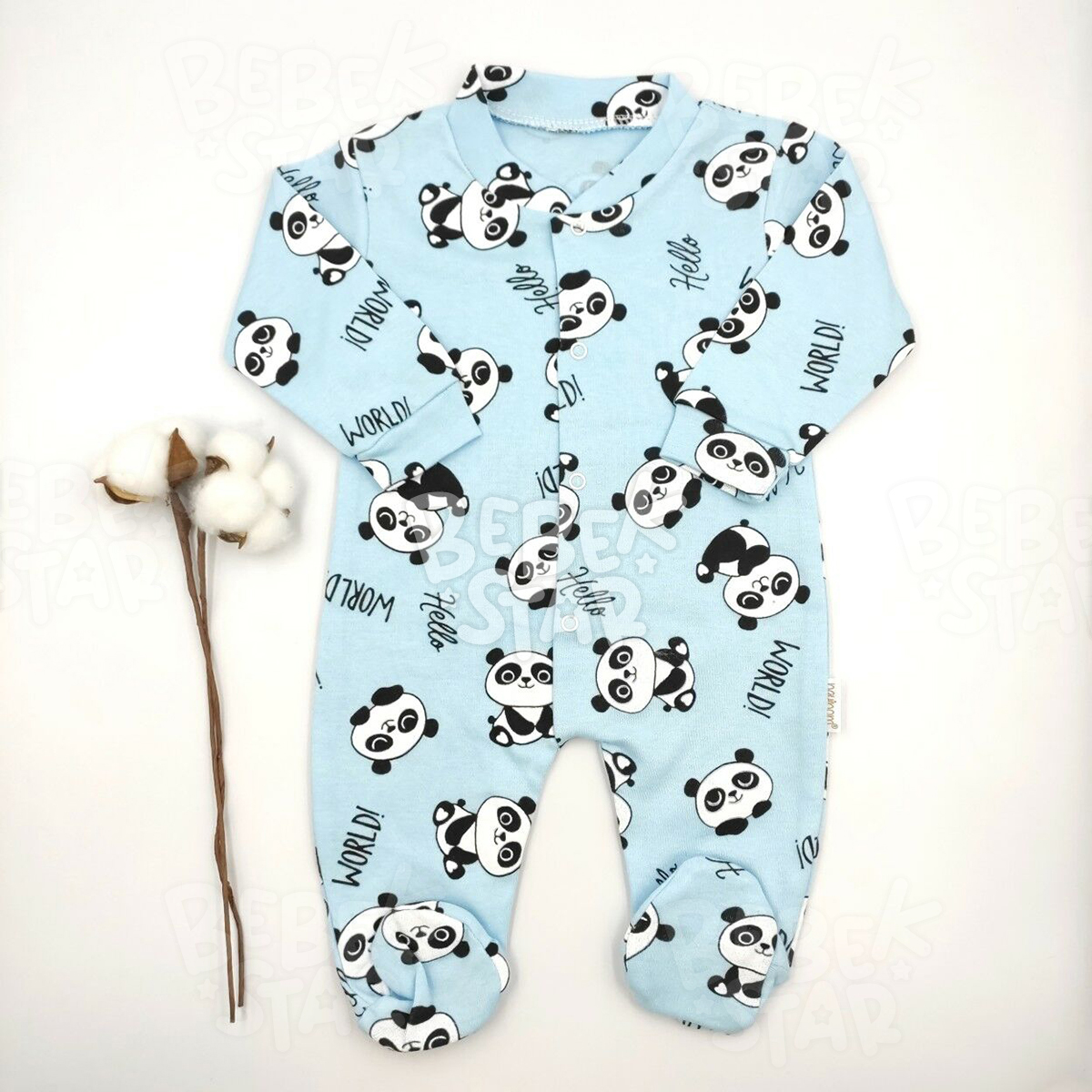 Panda Desenli Patikli Mavi Bebek Tulumu %100 Cotton