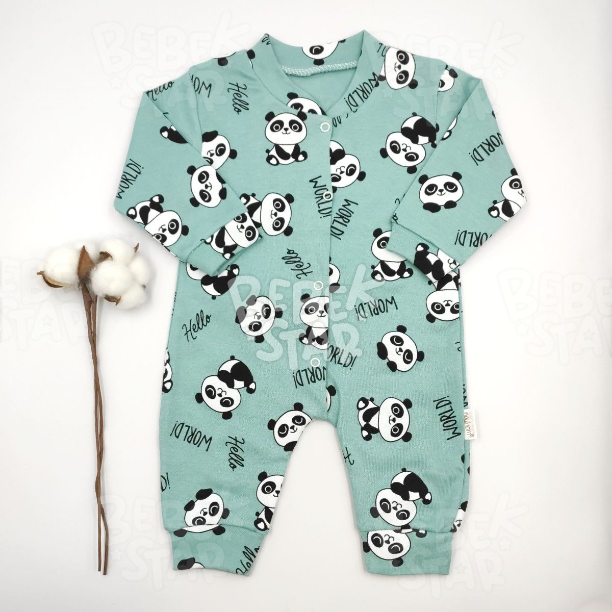 Panda Desenli Petrol Yeili Bebek Tulumu %100 Cotton