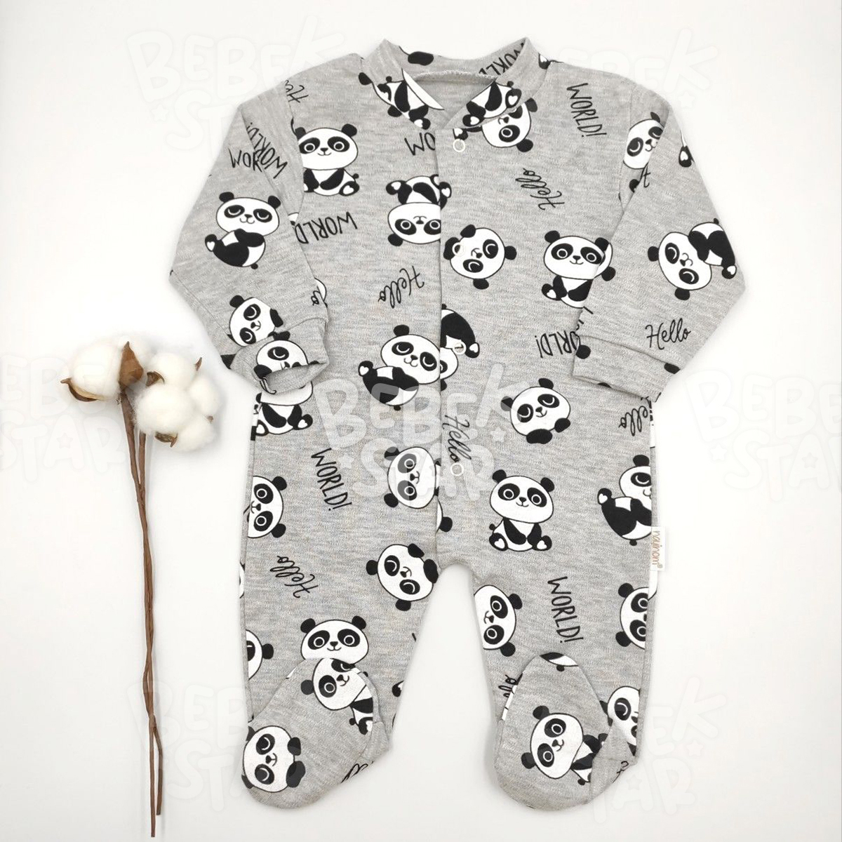 Panda Desenli Patikli Gri Bebek Tulumu %100 Cotton