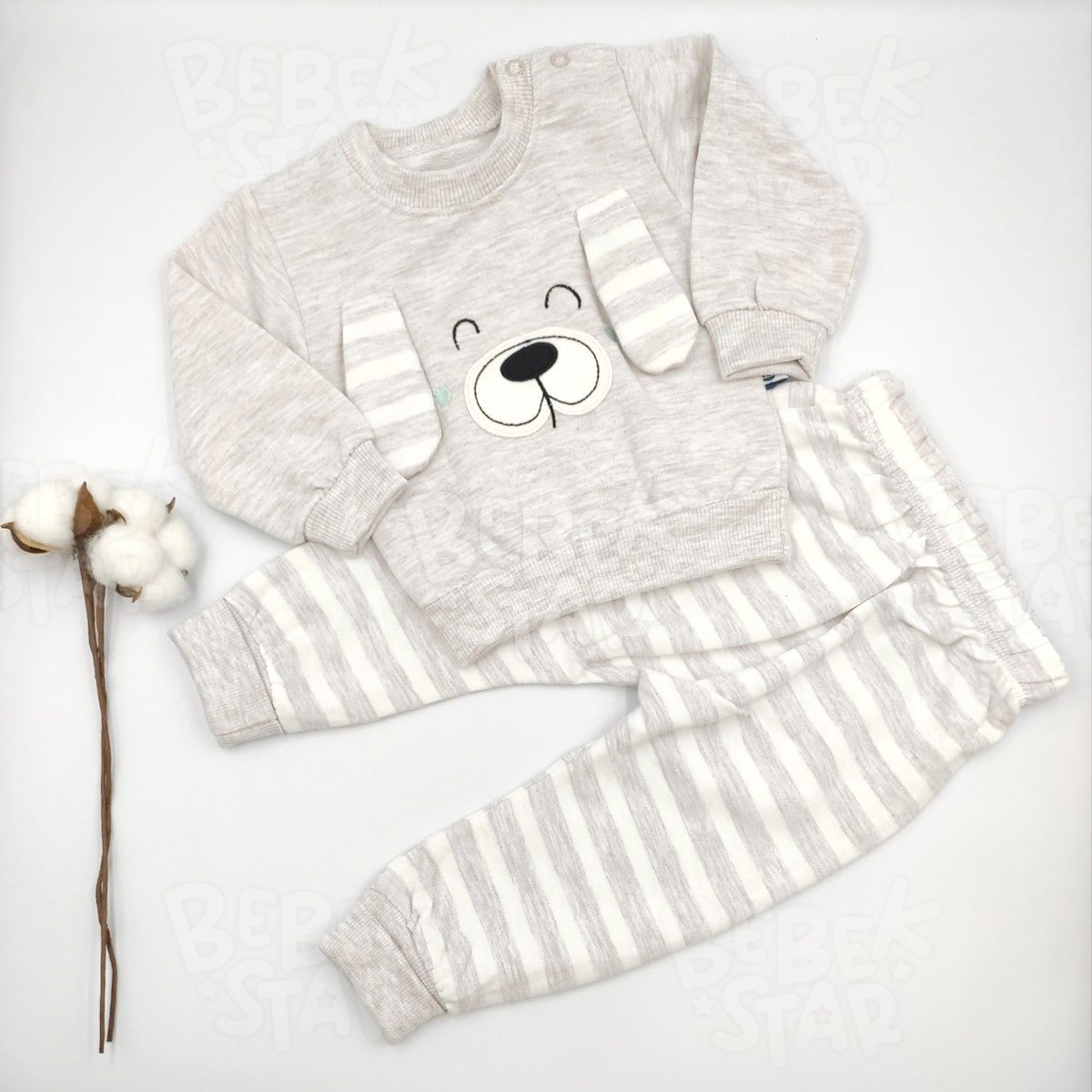 Kulak Detayl izgili Ta Rengi Erkek Bebek Takm %100 Cotton