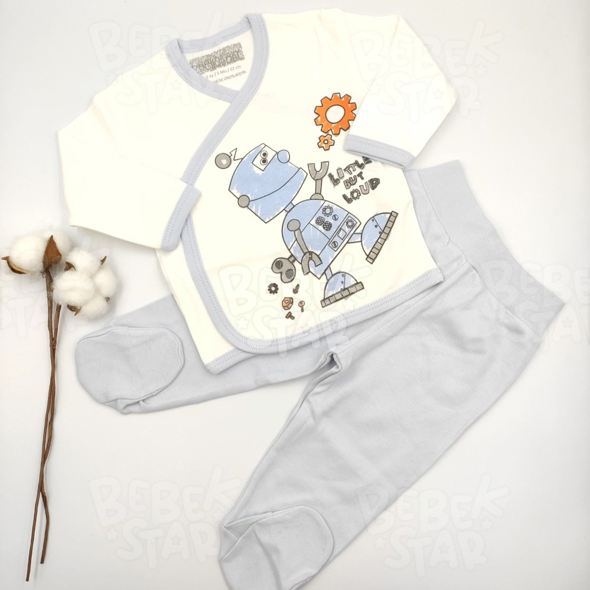 Mavi Robot Desenli %100 Cotton Zbn Takm