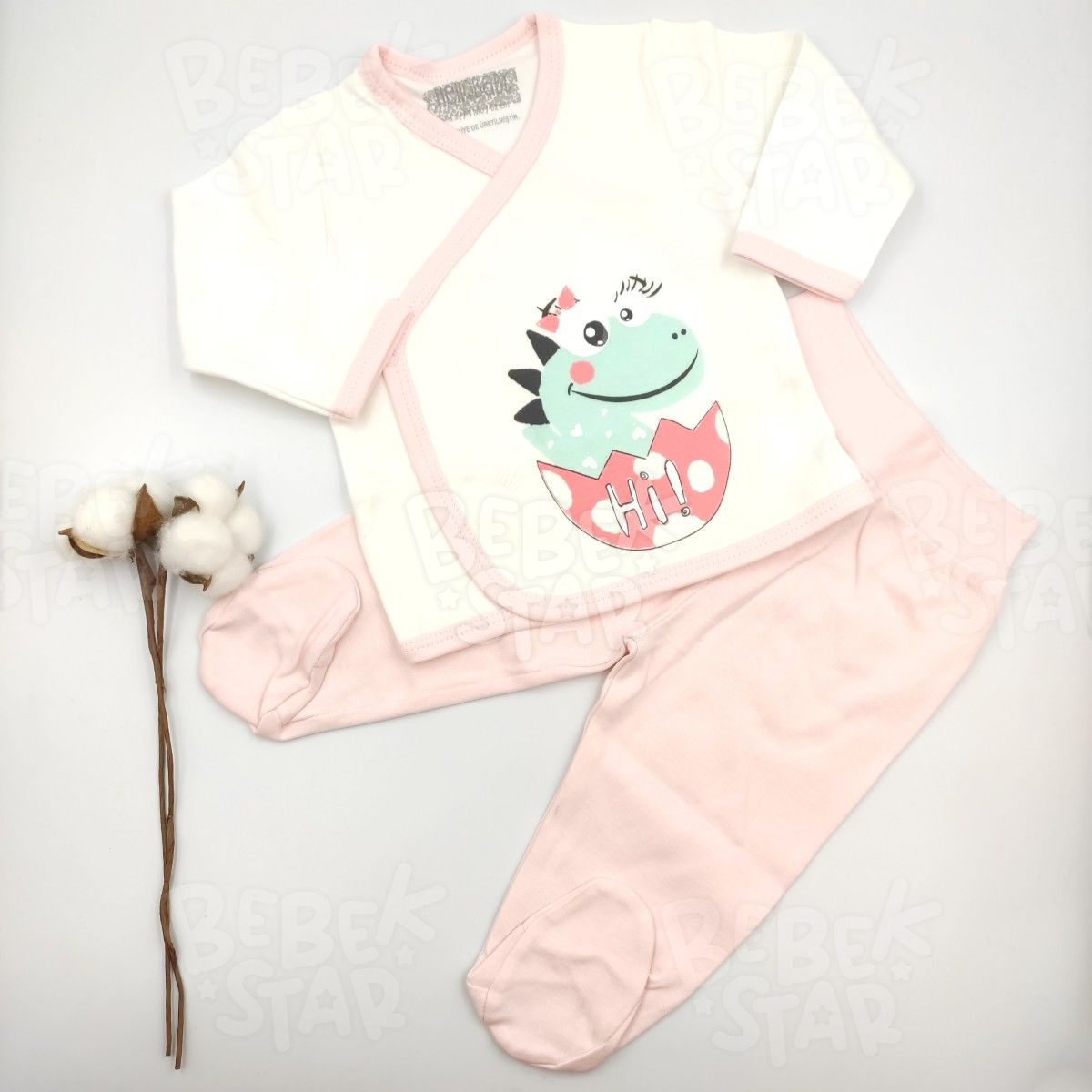 Pembe Dinazor Desenli %100 Cotton Zbn Takm