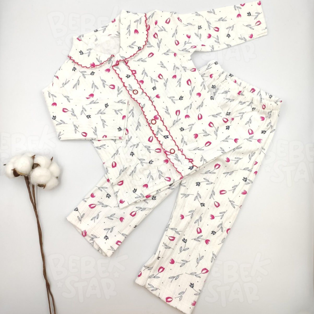 Kz Bebek iekli Krem Pijama Takm %100 Cotton