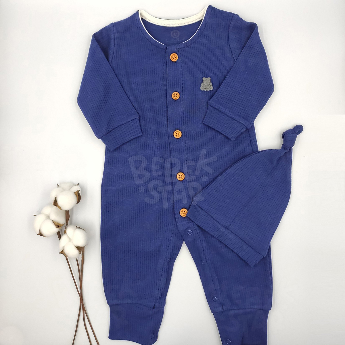 Fitilli apkal Lacivert Erkek Bebek Tulumu %100 Cotton