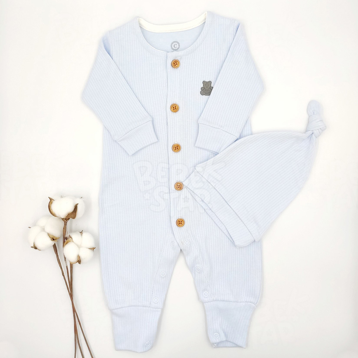 Fitilli apkal Ak Mavi Erkek Bebek Tulumu %100 Cotton