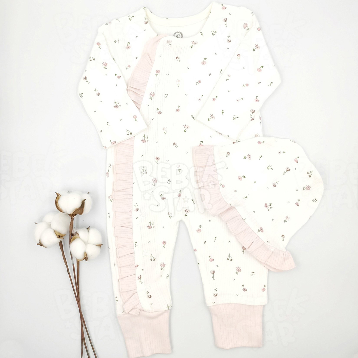 Fitilli apkal iek Desenli Krem - Ak Pembe Kz Bebek Tulumu %100 Cotton