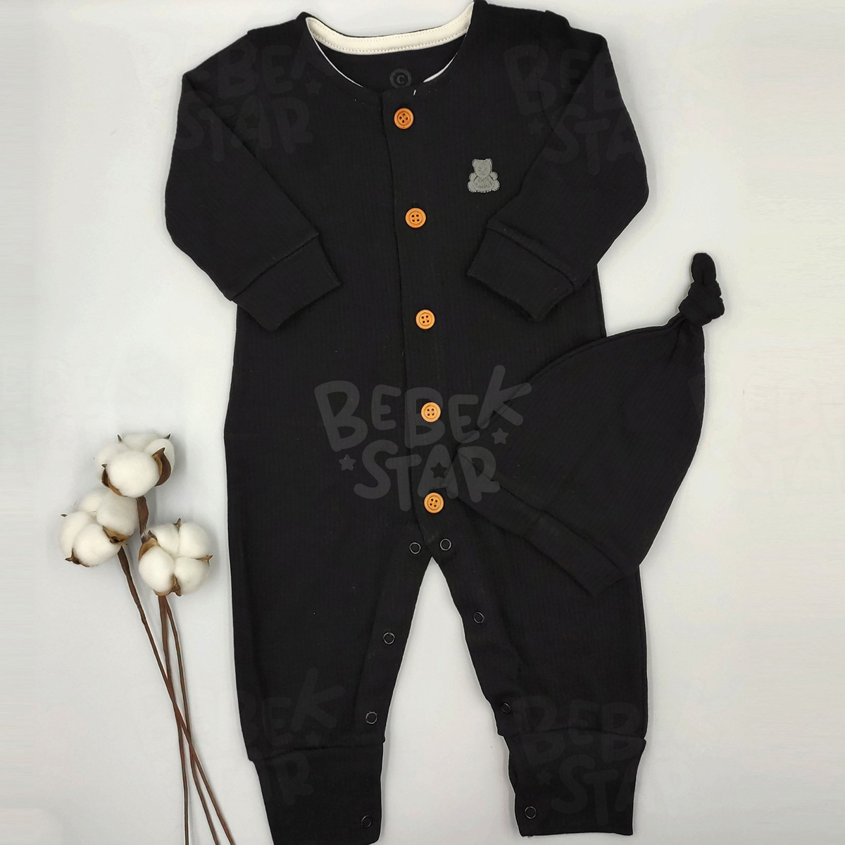 Fitilli apkal Siyah Erkek Bebek Tulumu %100 Cotton